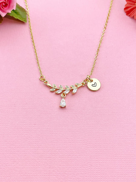 Gold Olive Branch Charm Necklace, Olive Branches Teardrop Zirconia Charm, N6015