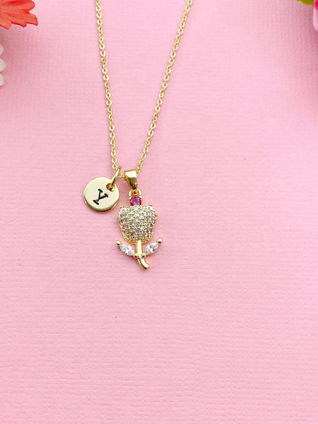 Gold Tulip Flower Charm Necklace, Valentine Gift, N6034