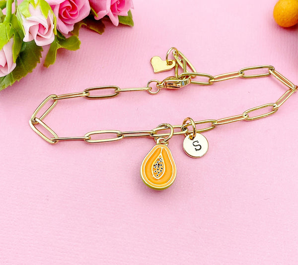 Gold Papaya Charm Bracelet, Orange Papaya Charm, N5726A