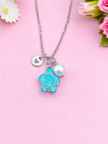 Silver or Gold Turtle Shell Pearl Charm Necklace, Sea Turtle Love Pet Travel Gifts Ideas, N5709C
