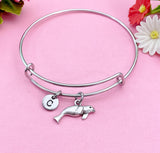 Seal Charm Bangle Bracelet, Initial Charm, Manatee Sea Cow, Biologist Gift