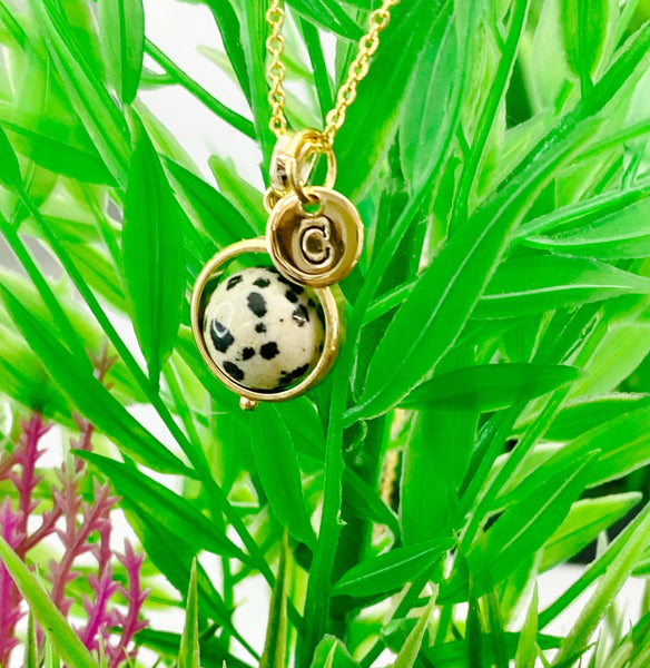 Gold Dalmatian Jasper Charm Necklace, Natural Gemstone Jewelry N4703