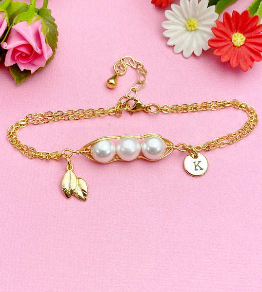 Gold Shell Pearl Leaf Charm Bracelet, N6052