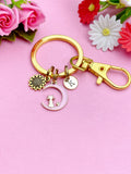 Sunflower Cat on Moon Keychain, Initial Charm, Personalized Gift