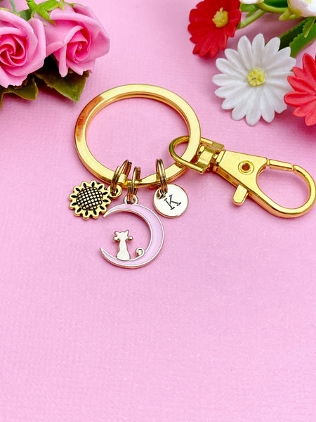 Sunflower Charm Keychain, Gold Pink Cat Sit on The Moon Charm Keychain, Personalized Gift, N1555