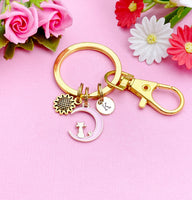 Sunflower Charm Keychain, Gold Pink Cat Sit on The Moon Charm Keychain, Personalized Gift, N1555