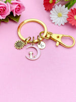 Sunflower Charm Keychain, Gold Pink Cat Sit on The Moon Charm Keychain, Personalized Gift, N1555