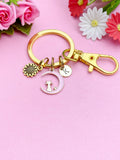 Sunflower Cat on Moon Keychain, Initial Charm, Personalized Gift