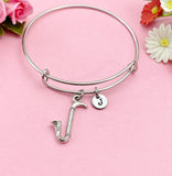 Bass Clarinet Charm Bracelet, Silver Music Gift, Personalized Initial