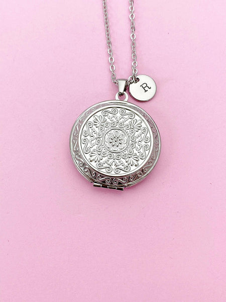 Silver Flower Locket Necklace, Round Tarnish Resistant 316 Stainless Steel Locket, Keepsake Photo Frame, N6054