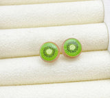 Kiwi Slice Earrings, Green Kiwi Silver Stud Earrings, Surgical Stainless Steel, N6061