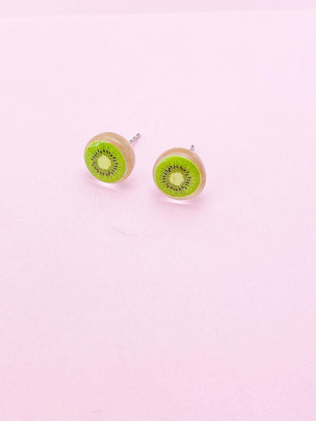 Kiwi Slice Earrings, Green Kiwi Silver Stud Earrings, Surgical Stainless Steel, N6061