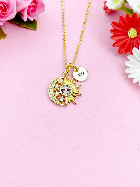 Moon with Sun Charms Necklace, Gold Zirconia Moon Necklace, N3803