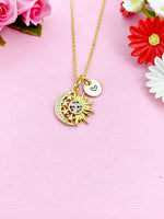 Moon with Sun Charms Necklace, Gold Zirconia Moon Necklace, N3803