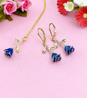 Blue Rose Necklace, Gold Rose Earrings, N3108