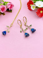 Blue Rose Necklace, Gold Rose Earrings, N3108
