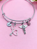 Vet Caduceus Charm Bangle, Initial Stethoscope Bracelet, Vet Tech Gift