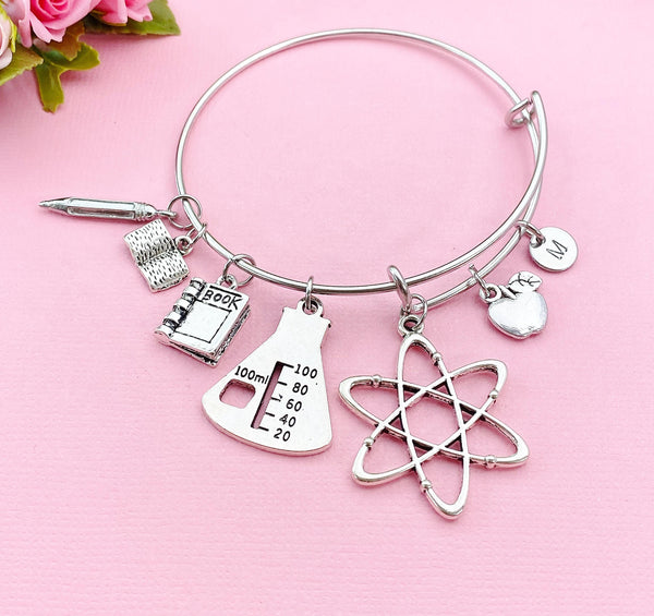 Science Teacher Bracelet, Atom Charm, Beaker Charm, Apple Charm, Textbook Charm, Open Book Charm, Pencil Charm, Science Teacher Gift, N1495