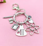 Science Teacher Keychain, Atom Charm, Beaker Charm, Apple Charm, Textbook Charm, Open Book Charm, Pencil Charm, Science Teacher Gift, N1495A