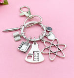 Science Teacher Keychain, Atom Charm, Beaker Charm, Apple Charm, Textbook Charm, Open Book Charm, Pencil Charm, Science Teacher Gift, N1495A