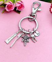 Dental Hygiene Dentist Keychain, Silver DH Toothpaste Toothbrush Tooth Molar Charm Keychain, N2160A