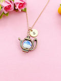 Teapot Porcelain Blue Flower Charm Rose Gold Necklace, N6070A