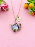 Teapot Porcelain Blue Flower Charm Rose Gold Necklace, N6070A