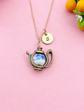 Teapot Porcelain Blue Flower Charm Rose Gold Necklace, N6070A