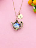 Teapot Porcelain Blue Flower Charm Rose Gold Necklace, N6070A
