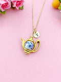 Teapot Blue Porcelain Flower Charm Gold Necklace, N6070C