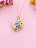 Teapot Blue Porcelain Flower Charm Gold Necklace, N6070C