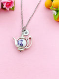 Teapot Porcelain Purple Flower Charm Silver Necklace, N6070E