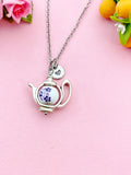 Teapot Porcelain Purple Flower Charm Silver Necklace, N6070E