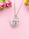 Teapot Porcelain Purple Flower Charm Silver Necklace, N6070E