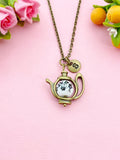 Teapot Porcelain Black Flower Charm Bronze Necklace, N6070F