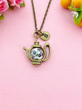 Teapot Porcelain Black Flower Charm Bronze Necklace, N6070F