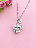 Teapot Porcelain Black Flower Charm Silver Necklace, N6070G