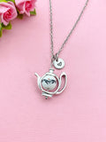 Teapot Porcelain Black Flower Charm Silver Necklace, N6070G