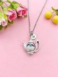 Teapot Porcelain Black Flower Charm Silver Necklace, N6070G
