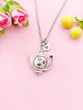 Teapot Porcelain Brown Flower Charm Silver Necklace, N6070H
