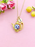 Teapot Porcelain Purple Flower Charm Gold Necklace, N6070J