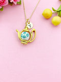 Teapot Porcelain Green Flower Charm Gold Necklace, N6070K