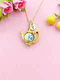 Teapot Porcelain Green Flower Charm Gold Necklace, N6070K