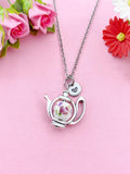 Teapot Porcelain Purple Flower Charm Silver Necklace, N6070L