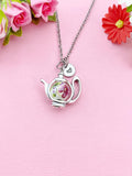 Teapot Porcelain Purple Flower Charm Silver Necklace, N6070L