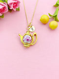 Teapot Porcelain Purple Flower Charm Gold Necklace, N6070M