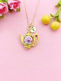 Teapot Porcelain Purple Flower Charm Gold Necklace, N6070M