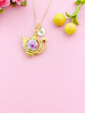 Teapot Porcelain Purple Flower Charm Gold Necklace, N6070M