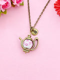 Teapot Porcelain Pink Flower Charm Bronze Necklace, N6070P