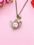 Teapot Porcelain Pink Flower Charm Bronze Necklace, N6070P